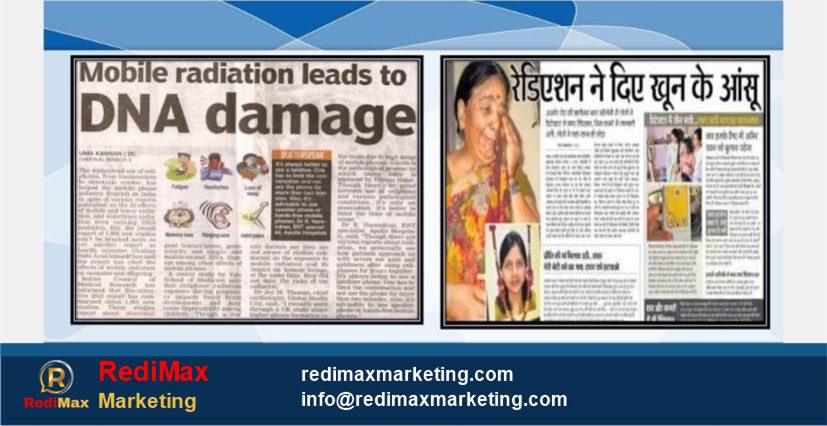 RediMax Marketing branded newspaper clippings about DNA damage and radiation